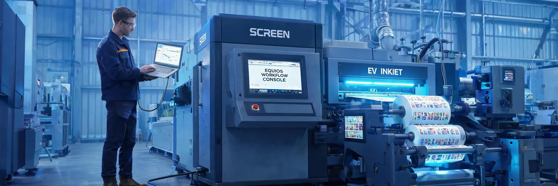 SCREEN inkjet press service engineer checking label web